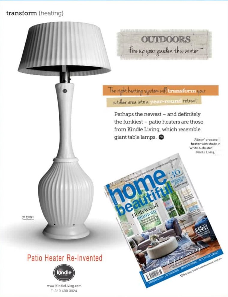Home Beautiful magazine feature on the Allison patio heater from Kindle Living
